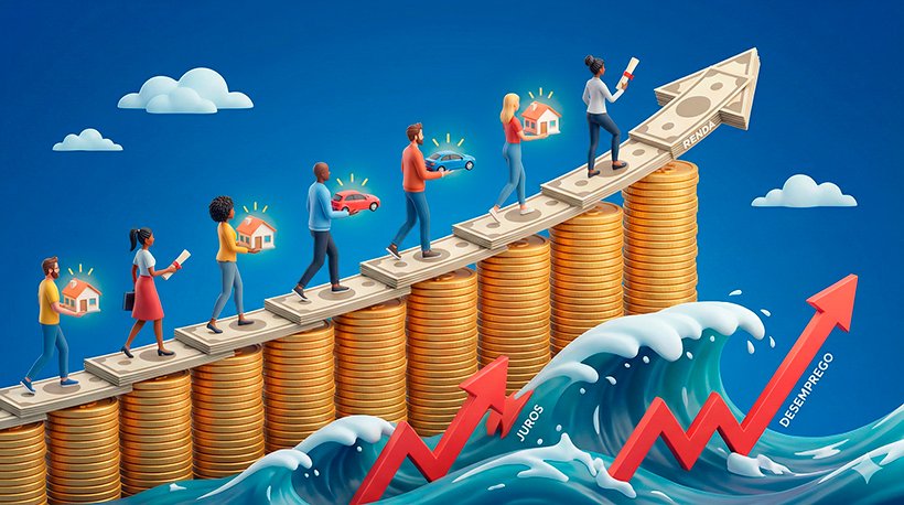 Uma ilustração digital estilo infográfico 3D, limpa e moderna. No centro, uma "ponte" sólida e ascendente feita de moedas douradas e notas estilizadas (representando a Renda), sobre a qual caminham pessoas segurando maquetes de casas, carros e diplomas (representando o Consórcio). Abaixo da ponte, ondas turbulentas e gráficos vermelhos em zigue-zague (representando Juros e Desemprego) tentam alcançar a ponte, mas não a atingem, demonstrando a resiliência do sistema. O fundo é um céu azul de brigadeiro, simbolizando clareza e futuro. Alta resolução, proporção 16:9 (820x468).
