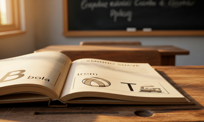 Uma imagem fotográfica nostálgica e em close-up, sobre uma antiga carteira escolar de madeira desgastada. O foco principal é a clássica cartilha "Caminho Suave" aberta. Na página visível, vê-se a ilustração icônica e simples da letra "B" associada ao desenho de uma "Bola", ou "T" com um "Trem", remetendo à memória afetiva de milhões de brasileiros. A iluminação é suave e dourada, como a luz do sol entrando por uma janela de sala de aula antiga, criando uma atmosfera de respeito e saudade. Ao fundo, levemente desfocado, um quadro-negro. Estilo realista e emotivo. Alta resolução, proporção 16:9 (820x468)