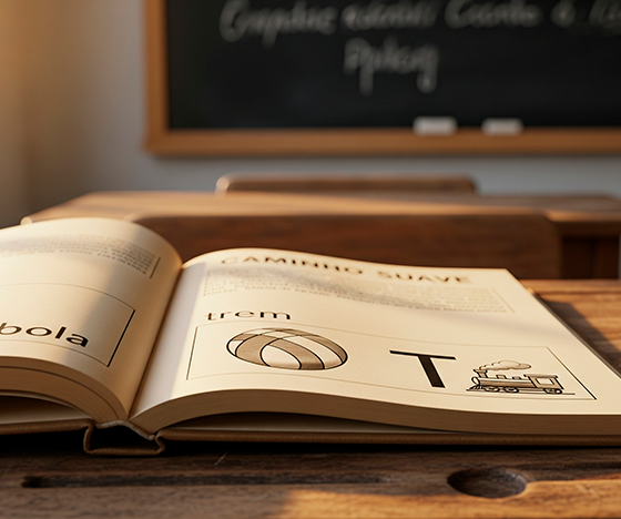 Uma imagem fotográfica nostálgica e em close-up, sobre uma antiga carteira escolar de madeira desgastada. O foco principal é a clássica cartilha "Caminho Suave" aberta. Na página visível, vê-se a ilustração icônica e simples da letra "B" associada ao desenho de uma "Bola", ou "T" com um "Trem", remetendo à memória afetiva de milhões de brasileiros. A iluminação é suave e dourada, como a luz do sol entrando por uma janela de sala de aula antiga, criando uma atmosfera de respeito e saudade. Ao fundo, levemente desfocado, um quadro-negro. Estilo realista e emotivo. Alta resolução, proporção 16:9 (820x468)