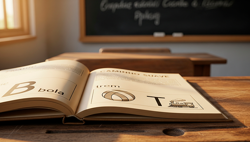 Uma imagem fotográfica nostálgica e em close-up, sobre uma antiga carteira escolar de madeira desgastada. O foco principal é a clássica cartilha "Caminho Suave" aberta. Na página visível, vê-se a ilustração icônica e simples da letra "B" associada ao desenho de uma "Bola", ou "T" com um "Trem", remetendo à memória afetiva de milhões de brasileiros. A iluminação é suave e dourada, como a luz do sol entrando por uma janela de sala de aula antiga, criando uma atmosfera de respeito e saudade. Ao fundo, levemente desfocado, um quadro-negro. Estilo realista e emotivo. Alta resolução, proporção 16:9 (820x468)