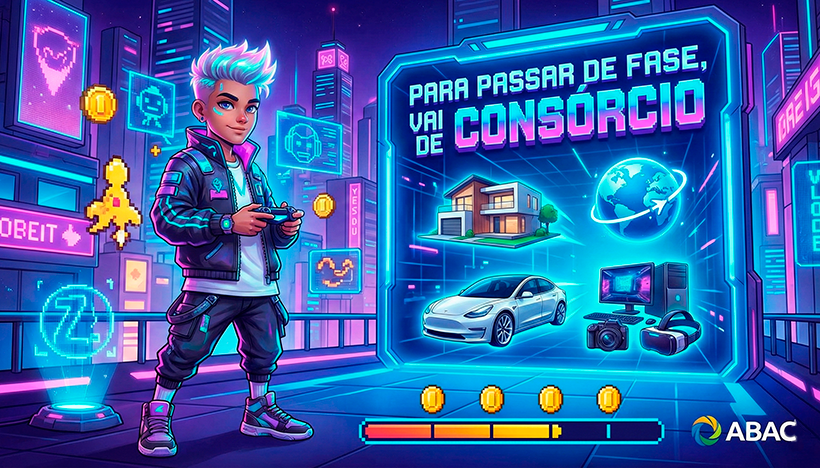 Uma ilustração digital vibrante e moderna, com estética de videogame. No centro, um jovem avatar personalizável, representando um membro da Geração Z, segura um controle de videogame. Ele está em um cenário de realidade virtual futurista, com pixels, hologramas e luzes de neon. À sua frente, um grande portal digital com o título "PARA PASSAR DE FASE, VAI DE CONSÓRCIO". Dentro do portal, ícones de diferentes sonhos e objetivos (um carro moderno, uma casa estilosa, um intercâmbio, equipamentos de alta tecnologia) flutuam e brilham. Na parte inferior, uma barra de progresso com moedas e o logotipo da ABAC. O estilo é dinâmico e cheio de energia. Alta resolução, proporção 16:9.