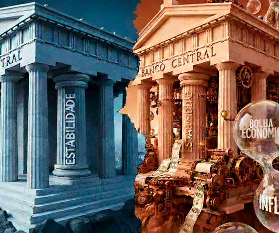 Uma imagem conceitual dividida ou dual. À esquerda, sob uma luz azul e calma, o Banco Central é representado como um templo grego sólido e imponente, sustentando um pilar rotulado "ESTABILIDADE" (visão tradicional). À direita, sob uma luz alaranjada de alerta, o mesmo templo se revela uma máquina industrial frenética, imprimindo dinheiro que se transforma em grandes bolhas de sabão frágeis (representando inflação e bolhas econômicas) prestes a estourar sobre uma cidade. O contraste visual questiona a intervenção versus a naturalidade do mercado. Estilo ilustração editorial 3D detalhada e realista. Alta resolução, proporção 16:9 (820x468) (horizontal e não quadrado)