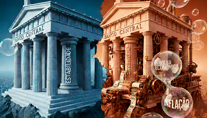 Uma imagem conceitual dividida ou dual. À esquerda, sob uma luz azul e calma, o Banco Central é representado como um templo grego sólido e imponente, sustentando um pilar rotulado "ESTABILIDADE" (visão tradicional). À direita, sob uma luz alaranjada de alerta, o mesmo templo se revela uma máquina industrial frenética, imprimindo dinheiro que se transforma em grandes bolhas de sabão frágeis (representando inflação e bolhas econômicas) prestes a estourar sobre uma cidade. O contraste visual questiona a intervenção versus a naturalidade do mercado. Estilo ilustração editorial 3D detalhada e realista. Alta resolução, proporção 16:9 (820x468) (horizontal e não quadrado)