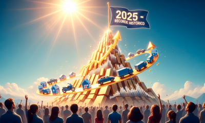 Uma ilustração digital triunfante e futurista. No topo de uma montanha estilizada feita de barras de ouro e gráficos ascendentes, uma bandeira brilha com os números "2025 - RECORDE HISTÓRICO". Ao redor da montanha, em uma espiral ascendente, ícones 3D de carros, casas, motos e caminhões orbitam em harmonia. Na base, uma multidão diversificada de pessoas (representando os 12,76 milhões de consorciados) olha para cima com otimismo. O céu é limpo e iluminado por um sol radiante que projeta raios dourados sobre o cenário. Estilo de arte digital vibrante e inspirador. Alta resolução, proporção 16:9 (820x468).