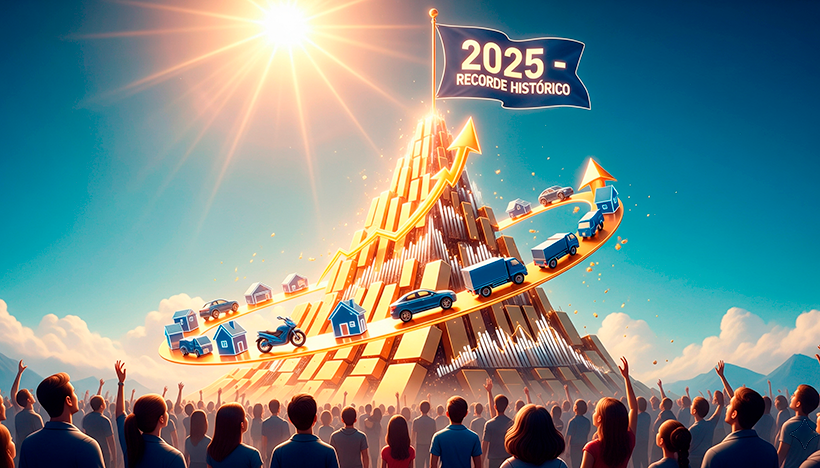 Uma ilustração digital triunfante e futurista. No topo de uma montanha estilizada feita de barras de ouro e gráficos ascendentes, uma bandeira brilha com os números "2025 - RECORDE HISTÓRICO". Ao redor da montanha, em uma espiral ascendente, ícones 3D de carros, casas, motos e caminhões orbitam em harmonia. Na base, uma multidão diversificada de pessoas (representando os 12,76 milhões de consorciados) olha para cima com otimismo. O céu é limpo e iluminado por um sol radiante que projeta raios dourados sobre o cenário. Estilo de arte digital vibrante e inspirador. Alta resolução, proporção 16:9 (820x468).