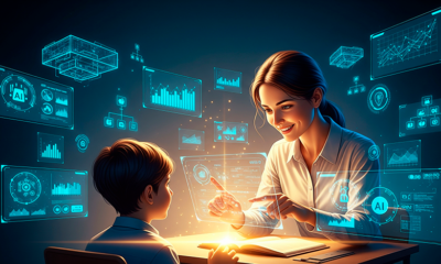 Uma ilustração conceitual harmoniosa que une humanidade e tecnologia. Em primeiro plano, uma professora com expressão empática e calorosa interage com um aluno, focada na troca de ideias. Ao redor deles, uma luz dourada suave representa o ensino humanizado. Ao fundo, e servindo de suporte para essa interação, estruturas digitais futuristas, gráficos holográficos e ícones de organização (representando a IA) flutuam de maneira ordenada e eficiente em tons de azul tecnológico. A tecnologia não invade o espaço humano, mas cria uma base sólida e organizada para que ele floresça. Estilo de arte digital moderno e inspirador. Alta resolução, proporção 16:9 (820x468)