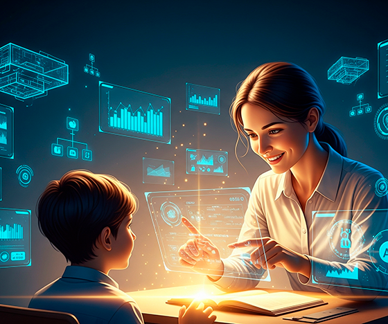 Uma ilustração conceitual harmoniosa que une humanidade e tecnologia. Em primeiro plano, uma professora com expressão empática e calorosa interage com um aluno, focada na troca de ideias. Ao redor deles, uma luz dourada suave representa o ensino humanizado. Ao fundo, e servindo de suporte para essa interação, estruturas digitais futuristas, gráficos holográficos e ícones de organização (representando a IA) flutuam de maneira ordenada e eficiente em tons de azul tecnológico. A tecnologia não invade o espaço humano, mas cria uma base sólida e organizada para que ele floresça. Estilo de arte digital moderno e inspirador. Alta resolução, proporção 16:9 (820x468)