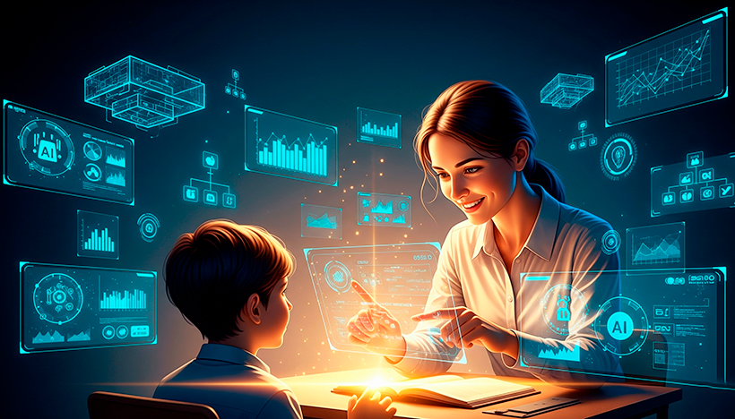Uma ilustração conceitual harmoniosa que une humanidade e tecnologia. Em primeiro plano, uma professora com expressão empática e calorosa interage com um aluno, focada na troca de ideias. Ao redor deles, uma luz dourada suave representa o ensino humanizado. Ao fundo, e servindo de suporte para essa interação, estruturas digitais futuristas, gráficos holográficos e ícones de organização (representando a IA) flutuam de maneira ordenada e eficiente em tons de azul tecnológico. A tecnologia não invade o espaço humano, mas cria uma base sólida e organizada para que ele floresça. Estilo de arte digital moderno e inspirador. Alta resolução, proporção 16:9 (820x468)