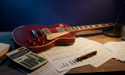 Uma composição fotográfica artística e simbólica. Em cima de uma mesa de madeira rústica (estilo camarim), uma guitarra elétrica clássica e gasta repousa ao lado de objetos de gestão: uma calculadora vintage, planilhas financeiras impressas misturadas com partituras e uma caneta tinteiro luxuosa. A iluminação é dramática, combinando luzes de palco (azul e roxo) ao fundo com uma luz de leitura quente sobre os documentos, simbolizando o equilíbrio entre o show e o negócio. Alta resolução, estilo realista, proporção 16:9 (820x468)