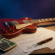 Uma composição fotográfica artística e simbólica. Em cima de uma mesa de madeira rústica (estilo camarim), uma guitarra elétrica clássica e gasta repousa ao lado de objetos de gestão: uma calculadora vintage, planilhas financeiras impressas misturadas com partituras e uma caneta tinteiro luxuosa. A iluminação é dramática, combinando luzes de palco (azul e roxo) ao fundo com uma luz de leitura quente sobre os documentos, simbolizando o equilíbrio entre o show e o negócio. Alta resolução, estilo realista, proporção 16:9 (820x468)
