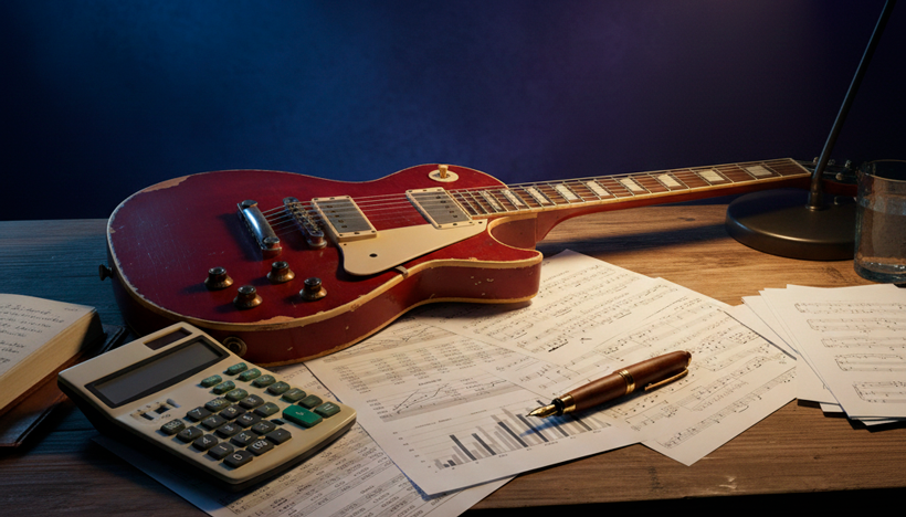 Uma composição fotográfica artística e simbólica. Em cima de uma mesa de madeira rústica (estilo camarim), uma guitarra elétrica clássica e gasta repousa ao lado de objetos de gestão: uma calculadora vintage, planilhas financeiras impressas misturadas com partituras e uma caneta tinteiro luxuosa. A iluminação é dramática, combinando luzes de palco (azul e roxo) ao fundo com uma luz de leitura quente sobre os documentos, simbolizando o equilíbrio entre o show e o negócio. Alta resolução, estilo realista, proporção 16:9 (820x468)