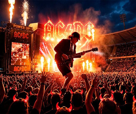Uma fotografia épica e vibrante de um show de rock em um grande estádio lotado à noite. O foco principal é a silhueta enérgica de um guitarrista (remetendo à postura clássica de Angus Young com seu icônico uniforme escolar) no meio de um solo de guitarra explosivo, banhado por intensas luzes de palco vermelhas e amarelas (simbolizando a estética do AC/DC). Ao fundo, uma multidão eufórica com os braços erguidos e os característicos chifres luminosos vermelhos piscando na escuridão. A imagem deve transmitir eletricidade, paixão visceral e a imortalidade do rock. Estilo fotográfico hiper-realista e cinematográfico. Alta resolução, proporção 16:9 (820x468)
