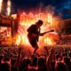 Uma fotografia épica e vibrante de um show de rock em um grande estádio lotado à noite. O foco principal é a silhueta enérgica de um guitarrista (remetendo à postura clássica de Angus Young com seu icônico uniforme escolar) no meio de um solo de guitarra explosivo, banhado por intensas luzes de palco vermelhas e amarelas (simbolizando a estética do AC/DC). Ao fundo, uma multidão eufórica com os braços erguidos e os característicos chifres luminosos vermelhos piscando na escuridão. A imagem deve transmitir eletricidade, paixão visceral e a imortalidade do rock. Estilo fotográfico hiper-realista e cinematográfico. Alta resolução, proporção 16:9 (820x468)