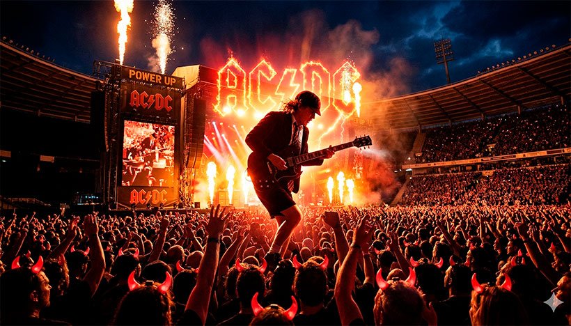 Uma fotografia épica e vibrante de um show de rock em um grande estádio lotado à noite. O foco principal é a silhueta enérgica de um guitarrista (remetendo à postura clássica de Angus Young com seu icônico uniforme escolar) no meio de um solo de guitarra explosivo, banhado por intensas luzes de palco vermelhas e amarelas (simbolizando a estética do AC/DC). Ao fundo, uma multidão eufórica com os braços erguidos e os característicos chifres luminosos vermelhos piscando na escuridão. A imagem deve transmitir eletricidade, paixão visceral e a imortalidade do rock. Estilo fotográfico hiper-realista e cinematográfico. Alta resolução, proporção 16:9 (820x468)