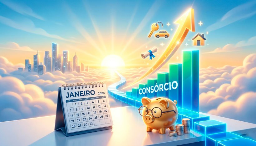Uma ilustração digital vibrante e otimista de início de ano. Em primeiro plano, um calendário de mesa elegante marcando o mês de "Janeiro" ao lado de um cofre de porquinho estilizado usando óculos (simbolizando educação financeira inteligente). Atrás deles, um gráfico de barras em 3D disparando para cima, ultrapassando as nuvens, com uma seta dourada luminosa apontando para o topo. Pequenos ícones brilhantes representando carros, casas e diplomas flutuam ao longo da seta crescente. O cenário de fundo é um nascer do sol brilhante em tons de azul e dourado, representando um novo começo de ano próspero e seguro. Estilo 3D moderno, limpo e corporativo. Alta resolução, proporção 16:9 (820x468)