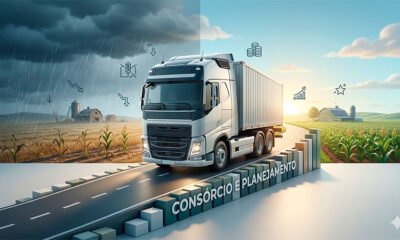 Uma ilustração 3D realista e conceitual. No centro, um caminhão de carga moderno e imponente avança com firmeza sobre uma estrada sólida formada por um gráfico financeiro estabilizado (representando o consórcio e o planejamento). O cenário ao fundo ilustra o contraste do mercado: de um lado, nuvens escuras sobre um campo agrícola um pouco seco, simbolizando os desafios e o endividamento do setor; do outro lado, o céu se abre em um azul claro e sereno, mostrando resiliência. A iluminação foca no caminhão, transmitindo uma sensação de cautela e segurança em meio à instabilidade econômica. Estilo editorial moderno e de alta qualidade. Alta resolução, proporção 16:9 (820x468).
