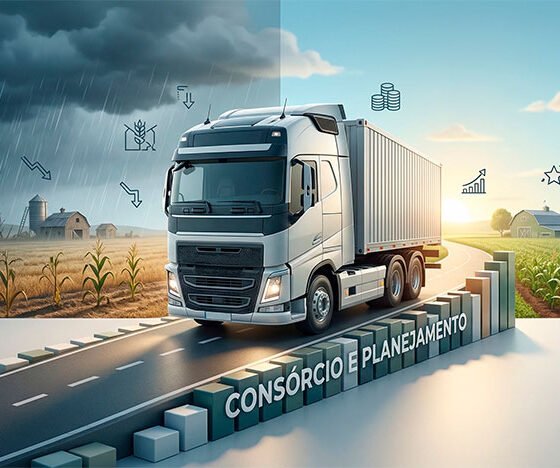 Uma ilustração 3D realista e conceitual. No centro, um caminhão de carga moderno e imponente avança com firmeza sobre uma estrada sólida formada por um gráfico financeiro estabilizado (representando o consórcio e o planejamento). O cenário ao fundo ilustra o contraste do mercado: de um lado, nuvens escuras sobre um campo agrícola um pouco seco, simbolizando os desafios e o endividamento do setor; do outro lado, o céu se abre em um azul claro e sereno, mostrando resiliência. A iluminação foca no caminhão, transmitindo uma sensação de cautela e segurança em meio à instabilidade econômica. Estilo editorial moderno e de alta qualidade. Alta resolução, proporção 16:9 (820x468).