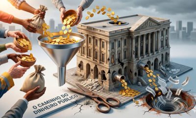 Uma ilustração 3D conceitual e satírica. De um lado, mãos de cidadãos comuns depositando moedas de ouro brilhantes (representando os impostos) em um grande funil. O funil está diretamente conectado ao topo de um imponente prédio governamental (estilo neoclássico com colunas). No entanto, a base do prédio está cheia de buracos e rachaduras por onde o dinheiro vaza constantemente, escorrendo ralo abaixo e transformando-se em papéis esvoaçantes de burocracia e desperdício. Uma tesoura gigante (simbolizando o corte de gastos) repousa inativa e esquecida no chão, coberta por poeira. A iluminação destaca o esforço financeiro no topo e o vazamento na base. Estilo editorial moderno, limpo e crítico. Alta resolução, proporção 16:9 (820x468).