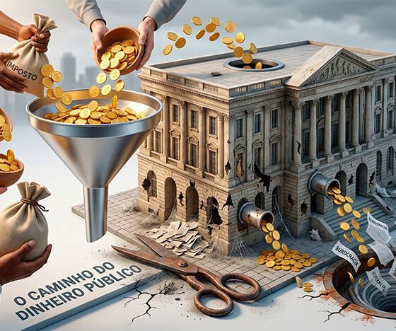 Uma ilustração 3D conceitual e satírica. De um lado, mãos de cidadãos comuns depositando moedas de ouro brilhantes (representando os impostos) em um grande funil. O funil está diretamente conectado ao topo de um imponente prédio governamental (estilo neoclássico com colunas). No entanto, a base do prédio está cheia de buracos e rachaduras por onde o dinheiro vaza constantemente, escorrendo ralo abaixo e transformando-se em papéis esvoaçantes de burocracia e desperdício. Uma tesoura gigante (simbolizando o corte de gastos) repousa inativa e esquecida no chão, coberta por poeira. A iluminação destaca o esforço financeiro no topo e o vazamento na base. Estilo editorial moderno, limpo e crítico. Alta resolução, proporção 16:9 (820x468).