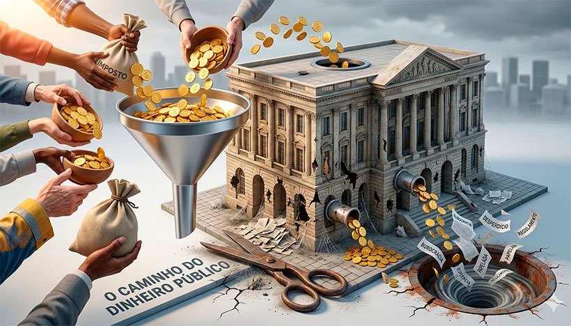 Uma ilustração 3D conceitual e satírica. De um lado, mãos de cidadãos comuns depositando moedas de ouro brilhantes (representando os impostos) em um grande funil. O funil está diretamente conectado ao topo de um imponente prédio governamental (estilo neoclássico com colunas). No entanto, a base do prédio está cheia de buracos e rachaduras por onde o dinheiro vaza constantemente, escorrendo ralo abaixo e transformando-se em papéis esvoaçantes de burocracia e desperdício. Uma tesoura gigante (simbolizando o corte de gastos) repousa inativa e esquecida no chão, coberta por poeira. A iluminação destaca o esforço financeiro no topo e o vazamento na base. Estilo editorial moderno, limpo e crítico. Alta resolução, proporção 16:9 (820x468).