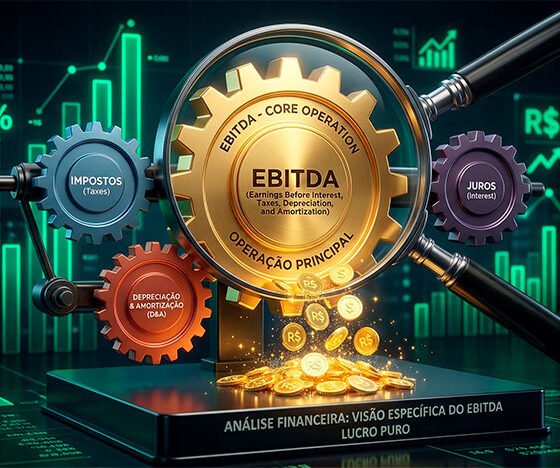 Uma ilustração conceitual em 3D sobre análise financeira. No centro, uma engrenagem grande e polida de metal dourado (representando a operação principal/EBITDA), girando perfeitamente e produzindo moedas brilhantes. Ao redor dela, outras engrenagens menores e de diferentes cores (representando impostos, juros e depreciação) estão separadas, conectadas mas não influenciando o giro da engrenagem principal. Uma lupa gigante foca exclusivamente na engrenagem dourada, destacando a visão específica e o "lucro puro" que o indicador analisa. O fundo é um ambiente corporativo escuro com gráficos de barras sutis em verde neon. Alta resolução, proporção 16:9 (820x468)