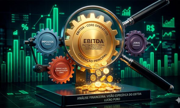 Uma ilustração conceitual em 3D sobre análise financeira. No centro, uma engrenagem grande e polida de metal dourado (representando a operação principal/EBITDA), girando perfeitamente e produzindo moedas brilhantes. Ao redor dela, outras engrenagens menores e de diferentes cores (representando impostos, juros e depreciação) estão separadas, conectadas mas não influenciando o giro da engrenagem principal. Uma lupa gigante foca exclusivamente na engrenagem dourada, destacando a visão específica e o "lucro puro" que o indicador analisa. O fundo é um ambiente corporativo escuro com gráficos de barras sutis em verde neon. Alta resolução, proporção 16:9 (820x468)