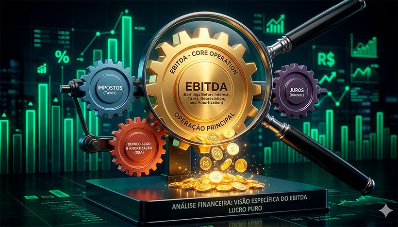 Uma ilustração conceitual em 3D sobre análise financeira. No centro, uma engrenagem grande e polida de metal dourado (representando a operação principal/EBITDA), girando perfeitamente e produzindo moedas brilhantes. Ao redor dela, outras engrenagens menores e de diferentes cores (representando impostos, juros e depreciação) estão separadas, conectadas mas não influenciando o giro da engrenagem principal. Uma lupa gigante foca exclusivamente na engrenagem dourada, destacando a visão específica e o "lucro puro" que o indicador analisa. O fundo é um ambiente corporativo escuro com gráficos de barras sutis em verde neon. Alta resolução, proporção 16:9 (820x468)