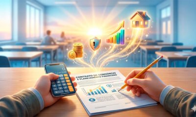 Uma ilustração 3D conceitual e inspiradora. Em primeiro plano, as mãos de um jovem estudante sobre uma mesa de madeira, segurando um lápis e usando uma calculadora moderna para analisar um contrato financeiro impresso. Do papel do contrato, pequenos elementos luminosos e dourados saltam e se transformam em ícones tridimensionais brilhantes (moedas empilhadas, um escudo de segurança, um gráfico em ascensão e uma pequena casa), simbolizando o conhecimento teórico se transformando em resultados reais e conquistas. O fundo mostra o ambiente levemente desfocado de uma sala de aula ou auditório bem iluminado, transmitindo foco e clareza. Estilo de arte digital moderno, realista e motivacional. Alta resolução, proporção 16:9 (820x468)