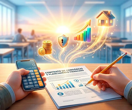 Uma ilustração 3D conceitual e inspiradora. Em primeiro plano, as mãos de um jovem estudante sobre uma mesa de madeira, segurando um lápis e usando uma calculadora moderna para analisar um contrato financeiro impresso. Do papel do contrato, pequenos elementos luminosos e dourados saltam e se transformam em ícones tridimensionais brilhantes (moedas empilhadas, um escudo de segurança, um gráfico em ascensão e uma pequena casa), simbolizando o conhecimento teórico se transformando em resultados reais e conquistas. O fundo mostra o ambiente levemente desfocado de uma sala de aula ou auditório bem iluminado, transmitindo foco e clareza. Estilo de arte digital moderno, realista e motivacional. Alta resolução, proporção 16:9 (820x468)