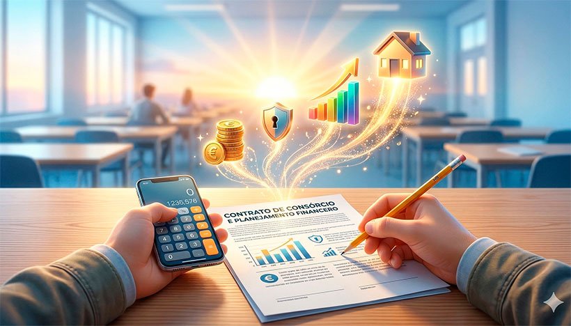 Uma ilustração 3D conceitual e inspiradora. Em primeiro plano, as mãos de um jovem estudante sobre uma mesa de madeira, segurando um lápis e usando uma calculadora moderna para analisar um contrato financeiro impresso. Do papel do contrato, pequenos elementos luminosos e dourados saltam e se transformam em ícones tridimensionais brilhantes (moedas empilhadas, um escudo de segurança, um gráfico em ascensão e uma pequena casa), simbolizando o conhecimento teórico se transformando em resultados reais e conquistas. O fundo mostra o ambiente levemente desfocado de uma sala de aula ou auditório bem iluminado, transmitindo foco e clareza. Estilo de arte digital moderno, realista e motivacional. Alta resolução, proporção 16:9 (820x468)