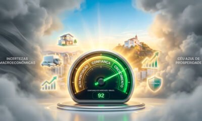 Uma ilustração 3D conceitual e inspiradora focada em confiança e crescimento. No centro, um painel digital elegante e moderno (semelhante a um velocímetro de alta tecnologia) com o ponteiro cravado firmemente na zona verde e brilhante, marcando alta pontuação. Ao redor deste medidor, ícones 3D iluminados que representam o setor de consórcios (casas, veículos, gráficos ascendentes) flutuam suavemente. O cenário de fundo apresenta um contraste sutil: áreas periféricas com leves névoas cinzentas (simbolizando as incertezas macroeconômicas), enquanto o centro, onde está o medidor, é banhado por uma luz dourada e clara, dissipando as nuvens e revelando um céu azul de prosperidade. Estilo editorial corporativo, hiper-realista e limpo. Alta resolução, proporção 16:9 (820x468).