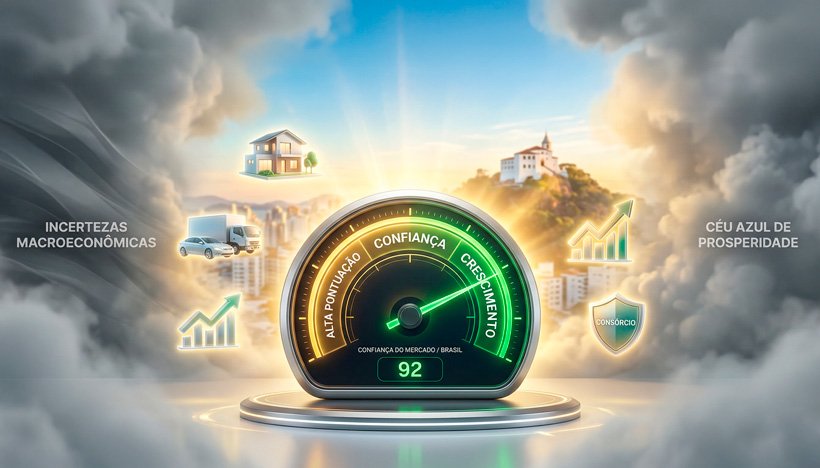 Uma ilustração 3D conceitual e inspiradora focada em confiança e crescimento. No centro, um painel digital elegante e moderno (semelhante a um velocímetro de alta tecnologia) com o ponteiro cravado firmemente na zona verde e brilhante, marcando alta pontuação. Ao redor deste medidor, ícones 3D iluminados que representam o setor de consórcios (casas, veículos, gráficos ascendentes) flutuam suavemente. O cenário de fundo apresenta um contraste sutil: áreas periféricas com leves névoas cinzentas (simbolizando as incertezas macroeconômicas), enquanto o centro, onde está o medidor, é banhado por uma luz dourada e clara, dissipando as nuvens e revelando um céu azul de prosperidade. Estilo editorial corporativo, hiper-realista e limpo. Alta resolução, proporção 16:9 (820x468).
