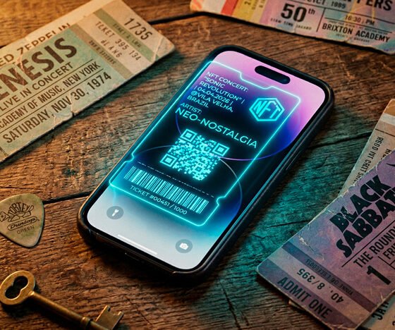 Uma composição fotográfica em estilo "flat lay" (vista de cima) que une o analógico e o digital. Sobre uma mesa de madeira com textura rústica, alguns ingressos antigos de papel, levemente desgastados pelo tempo (com tipografia remetendo aos anos 70 e 90), descansam ao lado de uma palheta de guitarra. No centro da composição, um smartphone moderno com a tela acesa exibe um ingresso digital brilhante em formato de holograma neon (representando a tecnologia NFT e os QR Codes). Uma iluminação quente e nostálgica banha os ingressos de papel, enquanto a tela do celular emite um suave brilho azulado e futurista. Estilo hiper-realista, nostálgico e rico em detalhes. Alta resolução, proporção 16:9 (820x468).