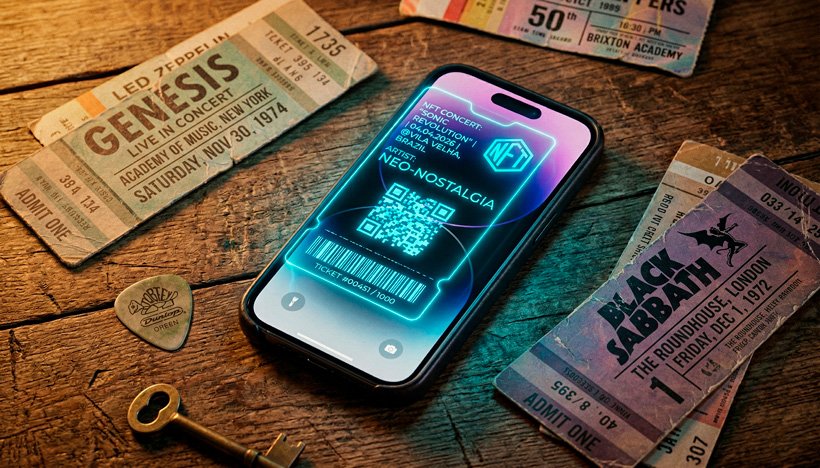 Uma composição fotográfica em estilo "flat lay" (vista de cima) que une o analógico e o digital. Sobre uma mesa de madeira com textura rústica, alguns ingressos antigos de papel, levemente desgastados pelo tempo (com tipografia remetendo aos anos 70 e 90), descansam ao lado de uma palheta de guitarra. No centro da composição, um smartphone moderno com a tela acesa exibe um ingresso digital brilhante em formato de holograma neon (representando a tecnologia NFT e os QR Codes). Uma iluminação quente e nostálgica banha os ingressos de papel, enquanto a tela do celular emite um suave brilho azulado e futurista. Estilo hiper-realista, nostálgico e rico em detalhes. Alta resolução, proporção 16:9 (820x468).