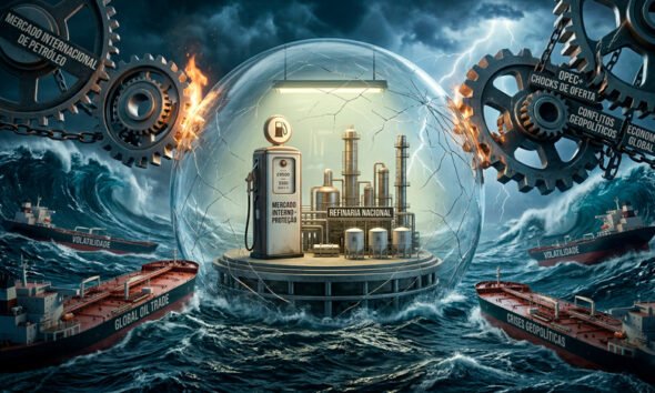 Uma ilustração 3D conceitual e metafórica sobre a economia e o mercado de combustíveis. No centro, uma bomba de combustível clássica e uma refinaria em miniatura presas dentro de uma bolha de vidro frágil. Fora da bolha, um mar agitado com navios petroleiros e engrenagens financeiras globais (representando o mercado internacional e as crises geopolíticas). A bolha começa a apresentar pequenas rachaduras sob a forte pressão externa. A iluminação contrasta o interior da bolha (uma luz artificial, pálida e estagnada) com o exterior (uma luz dinâmica e tempestuosa), simbolizando o perigo da ilusão de proteção do mercado interno contra a realidade global. Estilo editorial moderno, crítico e hiper-realista. Alta resolução, proporção 16:9 (820x468).