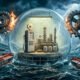 Uma ilustração 3D conceitual e metafórica sobre a economia e o mercado de combustíveis. No centro, uma bomba de combustível clássica e uma refinaria em miniatura presas dentro de uma bolha de vidro frágil. Fora da bolha, um mar agitado com navios petroleiros e engrenagens financeiras globais (representando o mercado internacional e as crises geopolíticas). A bolha começa a apresentar pequenas rachaduras sob a forte pressão externa. A iluminação contrasta o interior da bolha (uma luz artificial, pálida e estagnada) com o exterior (uma luz dinâmica e tempestuosa), simbolizando o perigo da ilusão de proteção do mercado interno contra a realidade global. Estilo editorial moderno, crítico e hiper-realista. Alta resolução, proporção 16:9 (820x468).