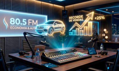 Uma cena de estúdio de rádio moderno e dinâmico. No centro, microfones de transmissão profissionais sobre uma mesa de áudio. Ao fundo, um painel luminoso e elegante exibe a frequência "80.5 FM" de forma sutil. Sobre a mesa, interligando a comunicação com a economia, ícones 3D holográficos brilhantes de um carro moderno (representando o segmento de veículos leves) e gráficos com setas ascendentes (representando o recorde de vendas) flutuam suavemente. A iluminação é imersiva, com tons de azul e dourado, criando uma atmosfera de debate inteligente e troca de ideias financeiras. Estilo de arte digital 3D realista e corporativo. Alta resolução, proporção 16:9 (820x468).