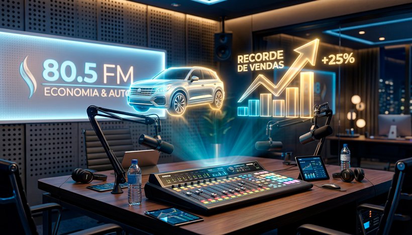 Uma cena de estúdio de rádio moderno e dinâmico. No centro, microfones de transmissão profissionais sobre uma mesa de áudio. Ao fundo, um painel luminoso e elegante exibe a frequência "80.5 FM" de forma sutil. Sobre a mesa, interligando a comunicação com a economia, ícones 3D holográficos brilhantes de um carro moderno (representando o segmento de veículos leves) e gráficos com setas ascendentes (representando o recorde de vendas) flutuam suavemente. A iluminação é imersiva, com tons de azul e dourado, criando uma atmosfera de debate inteligente e troca de ideias financeiras. Estilo de arte digital 3D realista e corporativo. Alta resolução, proporção 16:9 (820x468).
