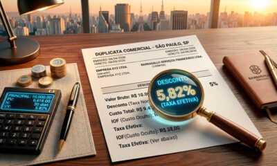 Uma composição fotográfica 3D em estilo "flat lay" (vista de cima) sobre uma elegante mesa de escritório. Em destaque, uma duplicata comercial impressa com uma lupa posicionada sobre a palavra "Desconto". Através da lente da lupa, a taxa nominal de "5%" se transforma magicamente em uma taxa efetiva luminosa de "5,82%". Ao lado, uma calculadora financeira moderna com números em neon azul na tela, uma caneta executiva e pequenas moedas empilhadas, simbolizando o IOF e os custos ocultos. A iluminação é focada e aconchegante, transmitindo um ambiente de estudo, clareza e precisão analítica. Estilo hiper-realista e corporativo. Alta resolução, proporção 16:9 (820x468).