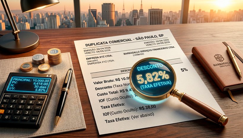 Uma composição fotográfica 3D em estilo "flat lay" (vista de cima) sobre uma elegante mesa de escritório. Em destaque, uma duplicata comercial impressa com uma lupa posicionada sobre a palavra "Desconto". Através da lente da lupa, a taxa nominal de "5%" se transforma magicamente em uma taxa efetiva luminosa de "5,82%". Ao lado, uma calculadora financeira moderna com números em neon azul na tela, uma caneta executiva e pequenas moedas empilhadas, simbolizando o IOF e os custos ocultos. A iluminação é focada e aconchegante, transmitindo um ambiente de estudo, clareza e precisão analítica. Estilo hiper-realista e corporativo. Alta resolução, proporção 16:9 (820x468).