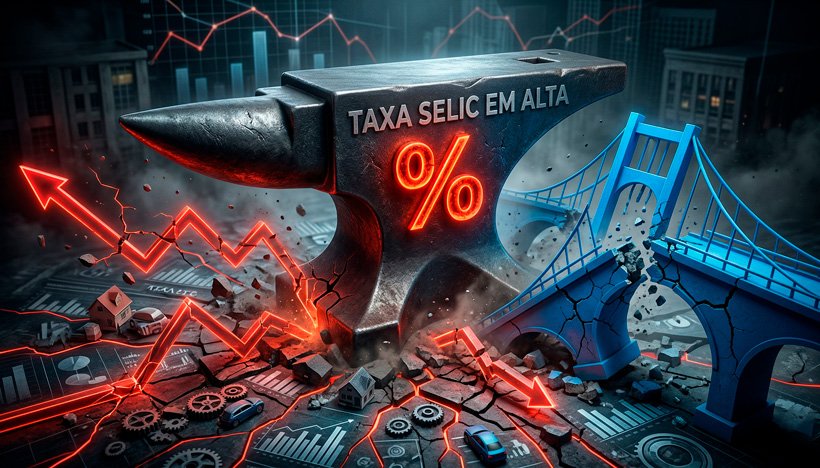 Uma ilustração 3D conceitual e dramática sobre o peso dos juros na economia. No centro, uma enorme e pesada bigorna de metal escuro com um símbolo de porcentagem (%) gravado em vermelho brilhante, representando a alta taxa Selic. A bigorna pressiona e achata o chão, que é feito de gráficos financeiros, engrenagens industriais e pequenas maquetes de casas e carros. Sob o peso, tanto as setas vermelhas e voláteis (representando o financiamento) quanto as pontes sólidas e azuis (representando o consórcio) começam a rachar, mostrando que a recessão afeta a todos. A iluminação é dramática, com sombras densas e um tom de alerta, transmitindo estagnação e retração. Estilo editorial moderno e hiper-realista. Alta resolução, proporção 16:9 (820x468).