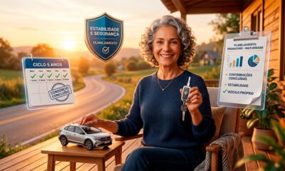Uma ilustração 3D aconchegante, realista e positiva sobre planejamento financeiro na maturidade. No centro, um homem ou mulher na faixa dos 60 anos, com cabelos grisalhos elegantes e uma expressão serena e ativa, segura com confiança a chave de um carro moderno (ou um modelo em miniatura). Ao redor, flutuam elementos sutis em tons de azul e dourado que remetem à estabilidade e ao consórcio: um calendário marcando um ciclo de 5 anos, uma prancheta com um planejamento financeiro e um escudo de proteção. O fundo é um pôr do sol suave e iluminado sobre uma estrada tranquila, transmitindo segurança, sabedoria e ausência de pressa. Estilo editorial corporativo e inspirador. Alta resolução, proporção 16:9 (820x468)