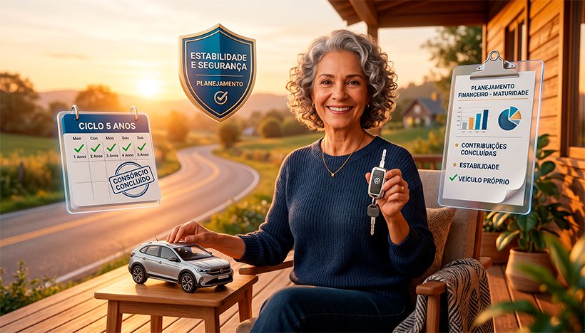 Uma ilustração 3D aconchegante, realista e positiva sobre planejamento financeiro na maturidade. No centro, um homem ou mulher na faixa dos 60 anos, com cabelos grisalhos elegantes e uma expressão serena e ativa, segura com confiança a chave de um carro moderno (ou um modelo em miniatura). Ao redor, flutuam elementos sutis em tons de azul e dourado que remetem à estabilidade e ao consórcio: um calendário marcando um ciclo de 5 anos, uma prancheta com um planejamento financeiro e um escudo de proteção. O fundo é um pôr do sol suave e iluminado sobre uma estrada tranquila, transmitindo segurança, sabedoria e ausência de pressa. Estilo editorial corporativo e inspirador. Alta resolução, proporção 16:9 (820x468)