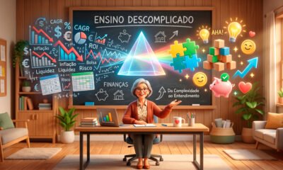 Uma ilustração 3D conceitual e acolhedora sobre o ensino descomplicado. No centro, uma mesa de professor moderna com um quadro negro (ou lousa digital) ao fundo. No ar, de um lado, símbolos financeiros complexos, termos técnicos e gráficos densos flutuam. Eles passam por um prisma brilhante (ou uma grande lente de aumento) no centro da cena e se transformam, do outro lado, em ícones simples, luminosos e familiares do dia a dia (como peças de quebra-cabeça se encaixando, blocos de montar coloridos e lâmpadas acesas), simbolizando o entendimento claro. A iluminação é suave, quente e convidativa, transmitindo paciência, clareza e o momento do "aha!" no aprendizado. Estilo de arte digital moderno, vibrante e educacional. Alta resolução, proporção 16:9 (820x468)