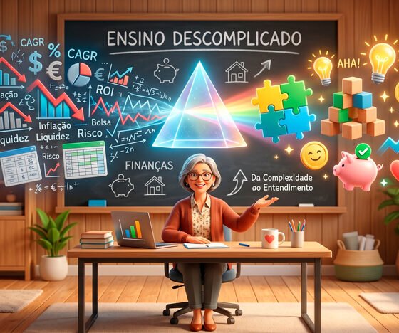 Uma ilustração 3D conceitual e acolhedora sobre o ensino descomplicado. No centro, uma mesa de professor moderna com um quadro negro (ou lousa digital) ao fundo. No ar, de um lado, símbolos financeiros complexos, termos técnicos e gráficos densos flutuam. Eles passam por um prisma brilhante (ou uma grande lente de aumento) no centro da cena e se transformam, do outro lado, em ícones simples, luminosos e familiares do dia a dia (como peças de quebra-cabeça se encaixando, blocos de montar coloridos e lâmpadas acesas), simbolizando o entendimento claro. A iluminação é suave, quente e convidativa, transmitindo paciência, clareza e o momento do "aha!" no aprendizado. Estilo de arte digital moderno, vibrante e educacional. Alta resolução, proporção 16:9 (820x468)