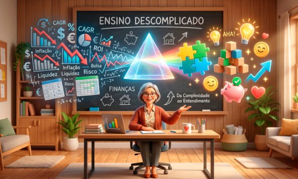 Uma ilustração 3D conceitual e acolhedora sobre o ensino descomplicado. No centro, uma mesa de professor moderna com um quadro negro (ou lousa digital) ao fundo. No ar, de um lado, símbolos financeiros complexos, termos técnicos e gráficos densos flutuam. Eles passam por um prisma brilhante (ou uma grande lente de aumento) no centro da cena e se transformam, do outro lado, em ícones simples, luminosos e familiares do dia a dia (como peças de quebra-cabeça se encaixando, blocos de montar coloridos e lâmpadas acesas), simbolizando o entendimento claro. A iluminação é suave, quente e convidativa, transmitindo paciência, clareza e o momento do "aha!" no aprendizado. Estilo de arte digital moderno, vibrante e educacional. Alta resolução, proporção 16:9 (820x468)