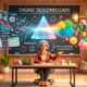 Uma ilustração 3D conceitual e acolhedora sobre o ensino descomplicado. No centro, uma mesa de professor moderna com um quadro negro (ou lousa digital) ao fundo. No ar, de um lado, símbolos financeiros complexos, termos técnicos e gráficos densos flutuam. Eles passam por um prisma brilhante (ou uma grande lente de aumento) no centro da cena e se transformam, do outro lado, em ícones simples, luminosos e familiares do dia a dia (como peças de quebra-cabeça se encaixando, blocos de montar coloridos e lâmpadas acesas), simbolizando o entendimento claro. A iluminação é suave, quente e convidativa, transmitindo paciência, clareza e o momento do "aha!" no aprendizado. Estilo de arte digital moderno, vibrante e educacional. Alta resolução, proporção 16:9 (820x468)