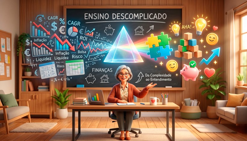 Uma ilustração 3D conceitual e acolhedora sobre o ensino descomplicado. No centro, uma mesa de professor moderna com um quadro negro (ou lousa digital) ao fundo. No ar, de um lado, símbolos financeiros complexos, termos técnicos e gráficos densos flutuam. Eles passam por um prisma brilhante (ou uma grande lente de aumento) no centro da cena e se transformam, do outro lado, em ícones simples, luminosos e familiares do dia a dia (como peças de quebra-cabeça se encaixando, blocos de montar coloridos e lâmpadas acesas), simbolizando o entendimento claro. A iluminação é suave, quente e convidativa, transmitindo paciência, clareza e o momento do "aha!" no aprendizado. Estilo de arte digital moderno, vibrante e educacional. Alta resolução, proporção 16:9 (820x468)