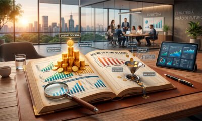 Uma ilustração 3D conceitual e realista sobre a gestão do fluxo de caixa. No centro, um grande e elegante livro-caixa aberto (ou um tablet exibindo gráficos financeiros) repousa sobre uma mesa de escritório de madeira. De um lado das páginas, uma pilha crescente de moedas de ouro brilhantes representa as sobras de caixa e os rendimentos. Do outro lado, um pequeno funil ou ralo sutil suga parte dessas moedas, simbolizando os custos ocultos, impostos (como a CPMF e o IOF) e o desperdício de recursos mal geridos. Uma lupa repousa sobre a tela/página, destacando a importância da análise detalhada. O fundo é um ambiente corporativo levemente desfocado, transmitindo seriedade, estratégia e visão de futuro. Estilo editorial moderno e de alta qualidade. Alta resolução, proporção 16:9 (820x468)