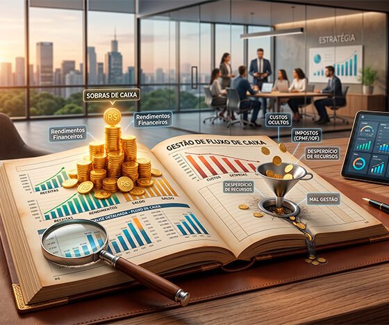 Uma ilustração 3D conceitual e realista sobre a gestão do fluxo de caixa. No centro, um grande e elegante livro-caixa aberto (ou um tablet exibindo gráficos financeiros) repousa sobre uma mesa de escritório de madeira. De um lado das páginas, uma pilha crescente de moedas de ouro brilhantes representa as sobras de caixa e os rendimentos. Do outro lado, um pequeno funil ou ralo sutil suga parte dessas moedas, simbolizando os custos ocultos, impostos (como a CPMF e o IOF) e o desperdício de recursos mal geridos. Uma lupa repousa sobre a tela/página, destacando a importância da análise detalhada. O fundo é um ambiente corporativo levemente desfocado, transmitindo seriedade, estratégia e visão de futuro. Estilo editorial moderno e de alta qualidade. Alta resolução, proporção 16:9 (820x468)